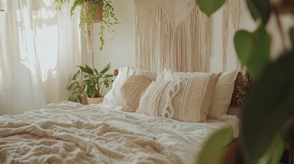 Cozy bedroom with natural light and greenery, featuring a comfortable bed and stylish wall decor in a serene atmosphere
