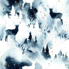 Winter watercolor stylish vector seamless pattern with reindeer, forest under night sky in blue, golden and white colors. Christmas design for textile print, page fill, web, wrapping paper