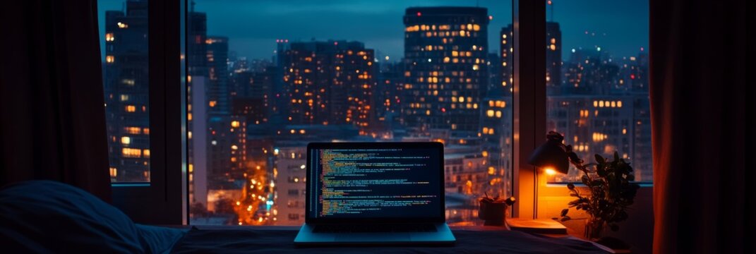 Laptop with code on screen by a window, overlooking a city at night. Symbolizes digital work and programming.