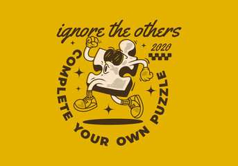 Complete your own puzzle, ignore the others. Mascot character of puzzle in running pose
