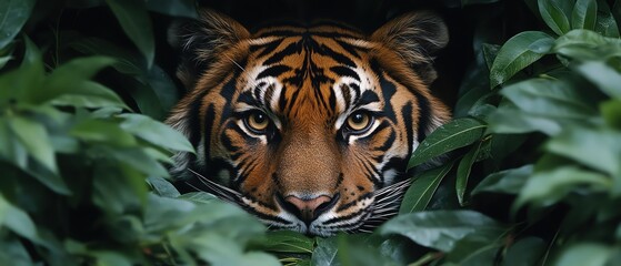 Bengal tiger stealthily emerges from dense green foliage, eyes focused ahead
