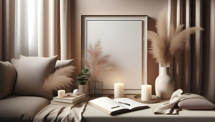 Frame mockup close up in a beige cozy room with candles, 3d render