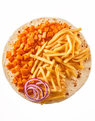 Delicious fusion wrap featuring crispy fries and sweet potatoes, creatively crafted on a warm tortilla