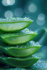 Obraz premium Closeup of stacked aloe vera slices with glistening gel, bright lighting, dewdrops, and vibrant green color