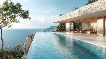 Fototapeta premium Infinity Pool Overlooking Ocean Cliffs at Modern Villa Generative AI