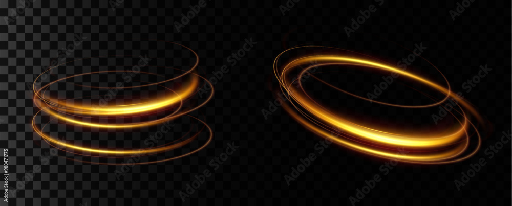 Poster Shiny vortex rings shimmer on a transparent background. Sparkling circles with light effect. Light circle swirl neon lighting effect, spiral light lines.trator Artwork	