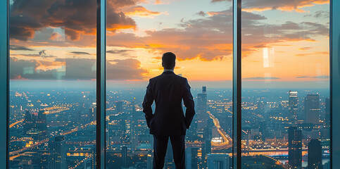 Fototapeta premium A senior executive in a formal suit, standing at a large office window, overlooking the cityscape, with a thoughtful expression, symbolizing leadership and strategic vision.