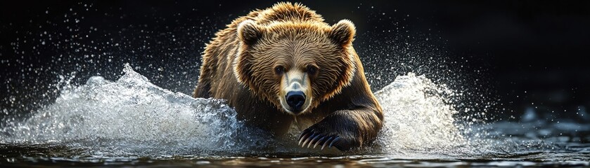 Obraz premium Fierce bear charging through water, dramatic lighting highlighting the power and motion, dark background
