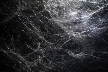 A close-up view of a spider web on a black background, perfect for use in dark and mysterious contexts