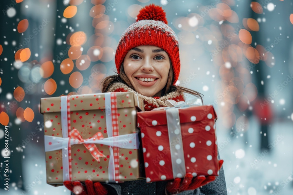 Wall mural a woman wearing a red hat holds two wrapped gifts