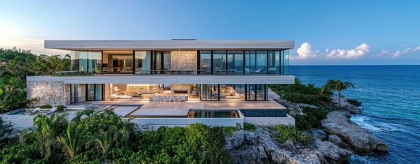 Fototapeta premium A high-definition image of a luxury oceanfront villa with modern architecture, expansive outdoor spaces, and private beach access. The home glass walls and terraces offer breathtaking views of the