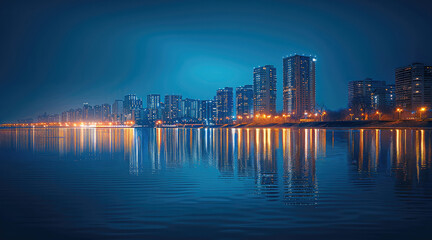 Fototapeta premium The modern urban coastline night, the calm water, the distant city buildings, the buildings are lit with warm lights.