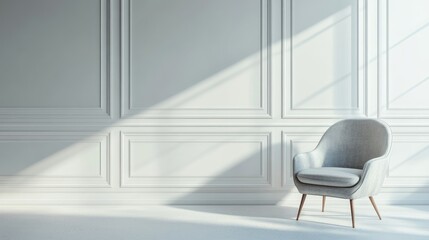 Fototapeta premium A Grey Armchair in a White Room with Molding and Sunbeams