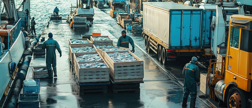 Busy port scene with workers unloading fresh fish from boats, showcasing the seafood industry and maritime logistics.