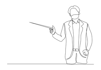 Continuous single line sketch drawing of standing businessman doing presentation pointing with stick explain something. One line art vector illustration