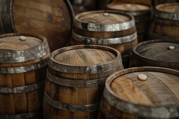 Fototapeta premium Stacked wooden barrels used in various settings, including rustic decor or old-fashioned storage