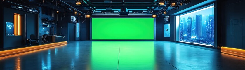 Modern news studio with green screen, digital displays, polished floors, hightech equipment, futuristic ambiance