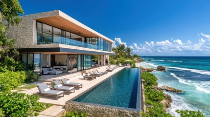 Fototapeta premium A wide-angle shot of a luxury beach house nestled along the shoreline, featuring large terraces, a private pool, and lush tropical landscaping. The modern design and direct access to the beach make