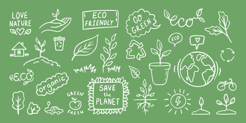 Hand Drawn Doodle Illustration of Ecology Concept, Reduce Reuse Refuse, Green Energy. Outline set