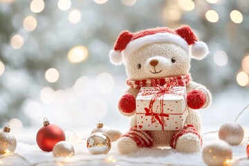 Cozy Teddy Bear in Christmas Outfit with Gift