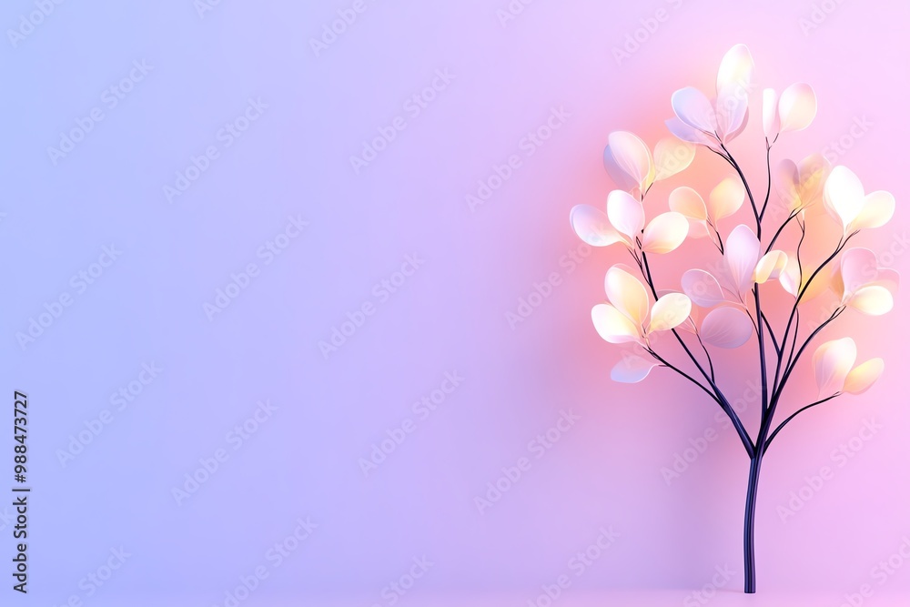 Poster minimalist nature design, featuring a single tree with abstract, glowing leaves against a soft, past