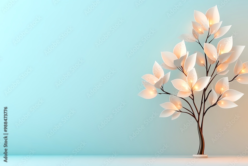 Poster minimalist nature design, featuring a single tree with abstract, glowing leaves against a soft, past