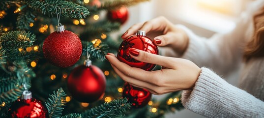 Womans Hands Carefully Placing a Red Ornament on a Lush Christmas Tree, Holiday Spirit