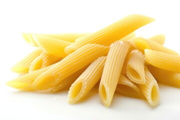 A pile of pasta sits on a clean white table, ready for consumption
