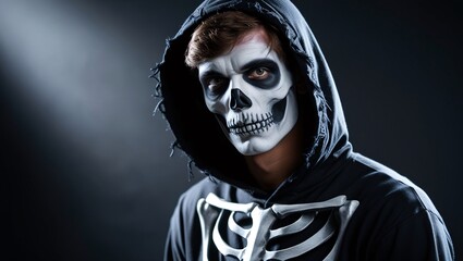 A close-up of a young man in a skeleton costume, with expertly applied face paint and a dark hood, captured with moody lighting to create a spooky atmosphere