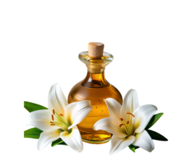 Aromatic essential oil bottle with white lilies on transparent background