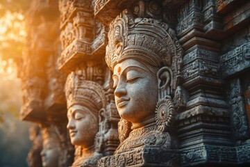 Fototapeta premium Ancient temple with carvings, mythology, earth tones, sketch