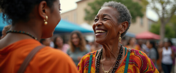 Obraz premium Happy African American Senior Woman Smiling at Camera with Her Daughter in an Outdoor Market Summer Vibes Family, Generation, Senior citizen with a Smile.