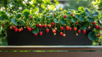 A black rectangular window box on the balcony, full of strawberries growing in it, strawberries hanging down from above and below. Created with Ai