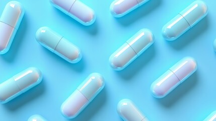 Iridescent capsules spread across a pastel blue surface, glowing under soft ambient lighting, highlighting sleek futuristic design