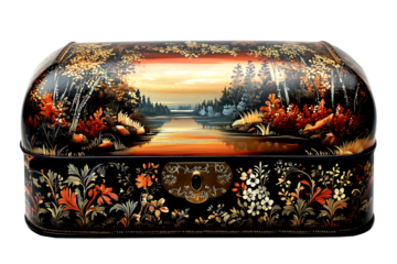 Exquisite traditional Russian lacquered box, ornate floral design, transparent background, PNG