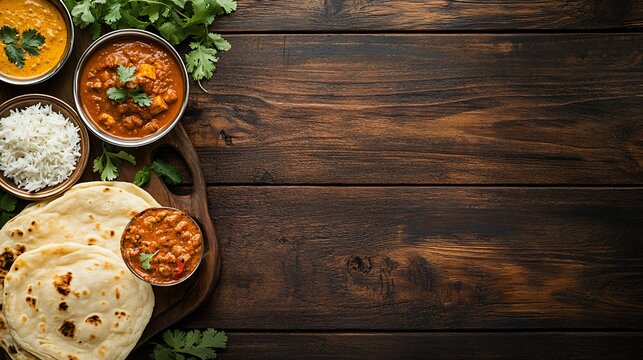 Indian food on wooden background with copy space.