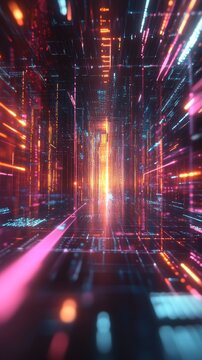 Bright abstract digital lines and code flow in a futuristic corridor. Ideal for virtual technology and coding.
