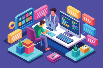 Two developers actively collaborate at a desk equipped with computers, coding elements, and vibrant post-it notes in a stylish workspace.