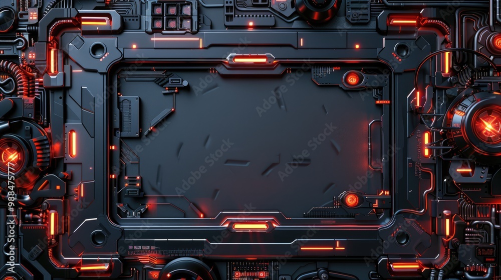 Wall mural futuristic tech interface with glowing red lines and details