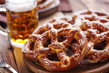 A plate of pretzels with a mug of beer, perfect for snacking and relaxation
