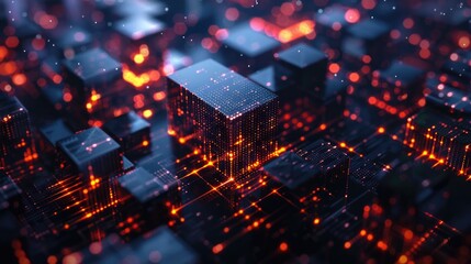 Building Blocks Technology. Abstract Geometric Cubic Surface with Digital Glowing Lines