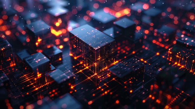 Building Blocks Technology. Abstract Geometric Cubic Surface with Digital Glowing Lines