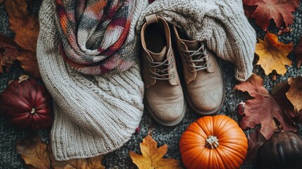 A pair of brown shoes and a scarf are on a carpet with orange pumpkins