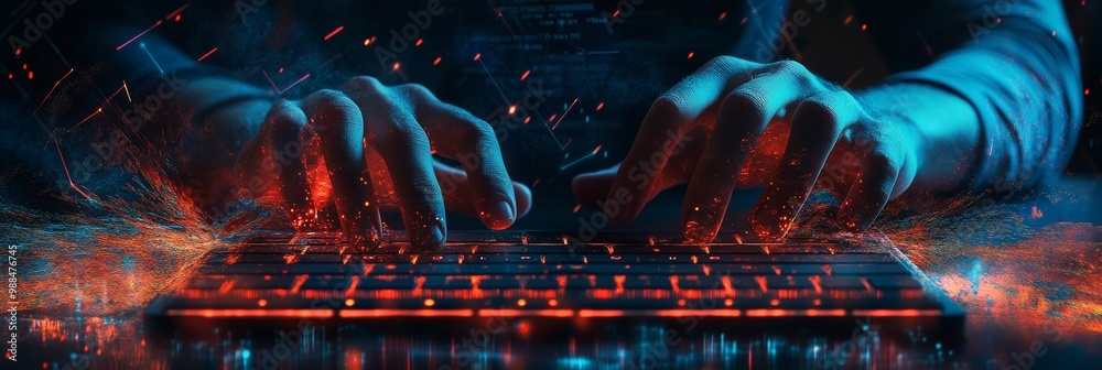 Fototapete Hands on a keyboard surrounded by glowing code and particles. Concept of a programmer coding.