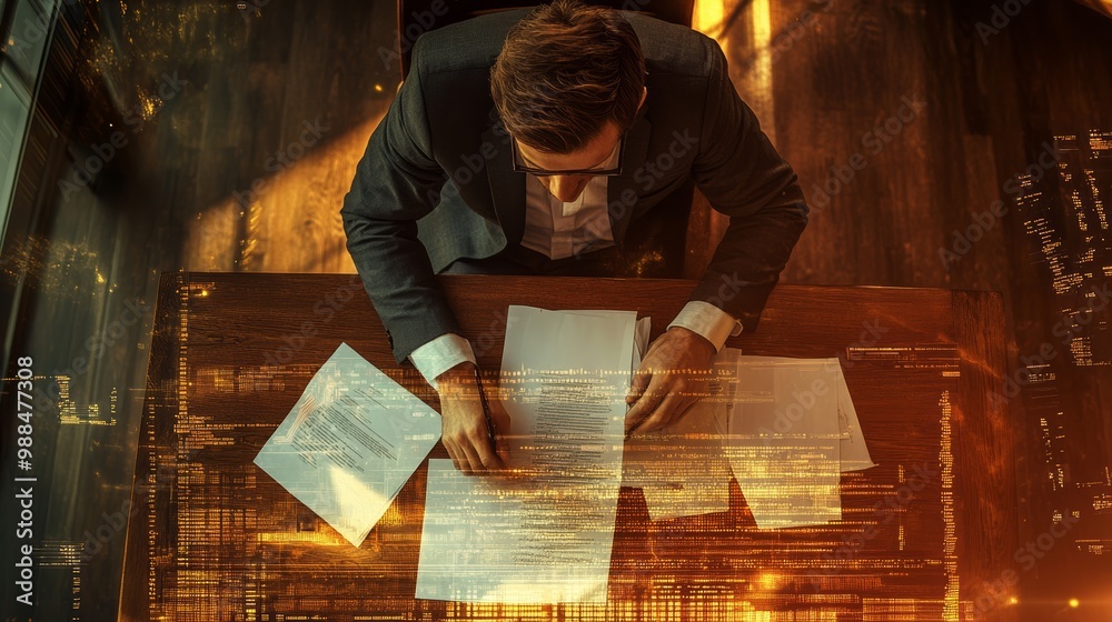 Aufkleber Overhead view of businessman working on documents with digital code overlay. Data analysis and tech integration concept.