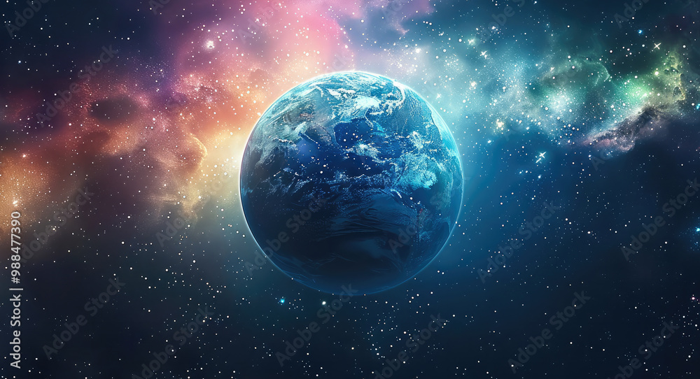 Poster A crystal-clear Earth floating in space, with the colorful auroras of a distant planet in the background, highlighting interstellar exploration and unity.