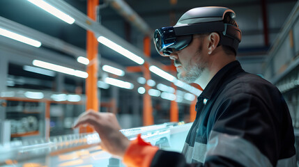 A working man in virtual glasses controls the production process. Neural network AI generated art