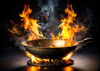 A wok sits poised on a fiery gas burner, flames licking its sides as they spring to life,