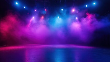 Fototapeta premium Colorful Stage with Vibrant Lighting and Smoke Effects in a Dark Theater Setting