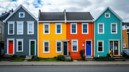 Colorful Row of Vibrant Houses with Unique Doors on a Cloudy Day in a Residential Neighborhood